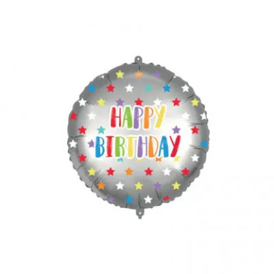 ΜΠΑΛΟΝΙΑ DECORATA FOIL HAPPY BIRTHDAY SILVER COLORFULL STARS 46ΕΚ.
