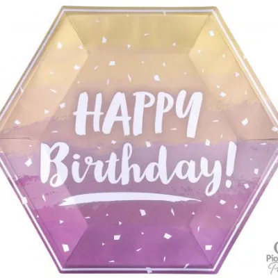 Πιάτα Χάρτινα Εξάγωνα 23 εκ Happy Birthday Ροζ Χρυσό Ombre / 8 τεμ