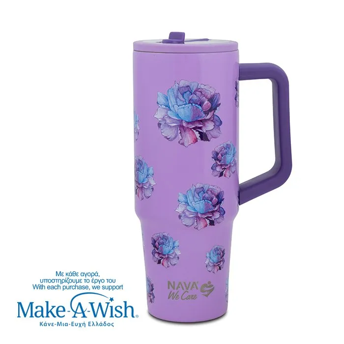 Θερμός tumbler ανοξείδωτο με πλαστικό καλαμάκι "We Care", Purple Floral 900ml